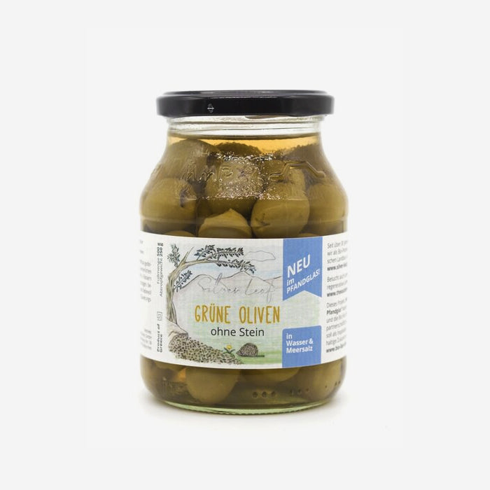 Bio Oliven grün in Salzlake, entsteint im Pfandglas, großes Glas, 500g (Abtropfgewicht 250g) oder kleines Glas: 230g (Abtropfgewicht 130 g